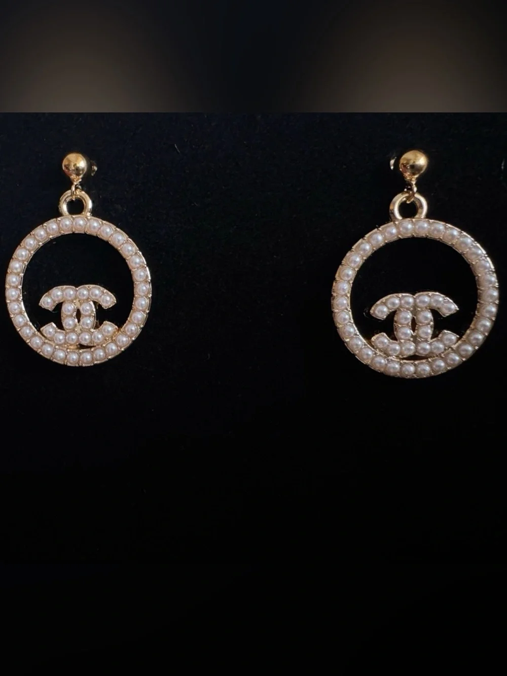 CHANEL Gold-Tone Pearl CC Circle Drop Earrings Authentic